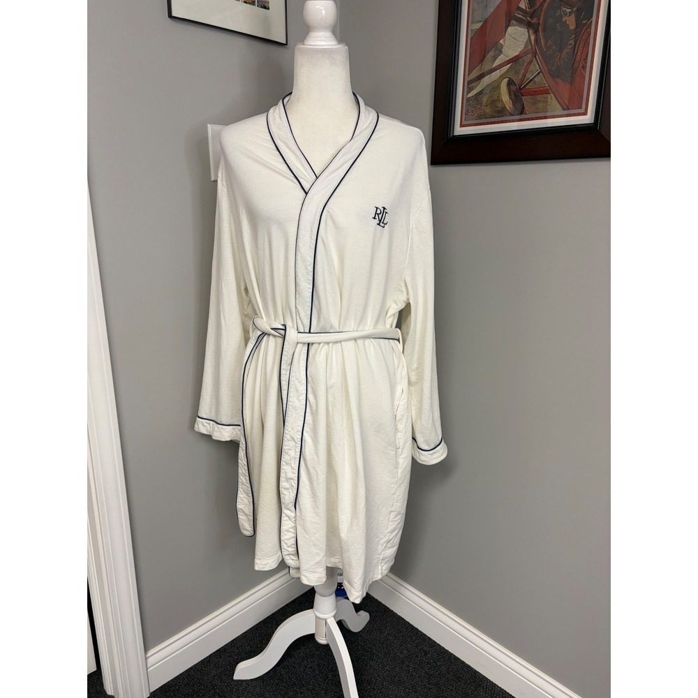 Lauren Ralph Lauren XL Cream Navy Trim Monogram Knit Wrap Robe Loungewear